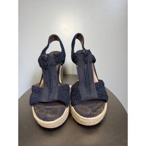 Moda Spana Navy Blue Crochet Espadrille Wedge Sandals T-Strap Zip 6.5M